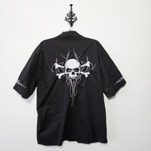 Vintage Dragonfly Roadhouse Button Down Skull Shirt Size XL Short Sleeve Y2K